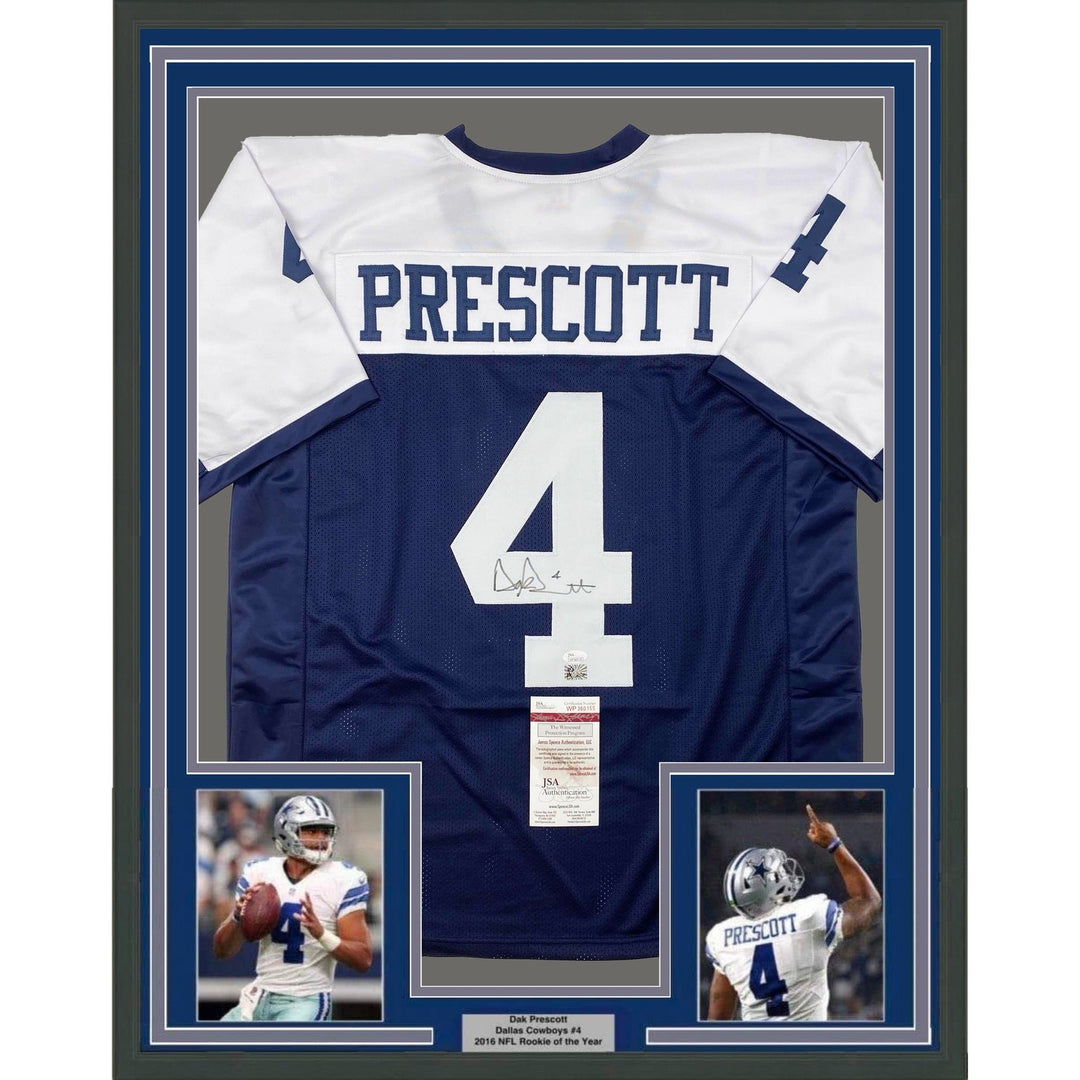 Framed Signed Dak Prescott 35x39 Dallas Thanksgiving Day Jersey JSA COA