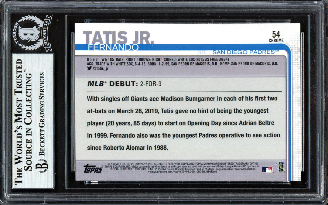 Fernando Tatis Jr. Auto 2019 Topps Chrome Update RC 54 Padres Beckett #13609660