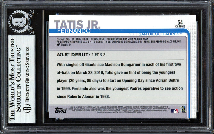 Fernando Tatis Jr. Auto 2019 Topps Chrome Update RC 54 Padres Beckett #13609660