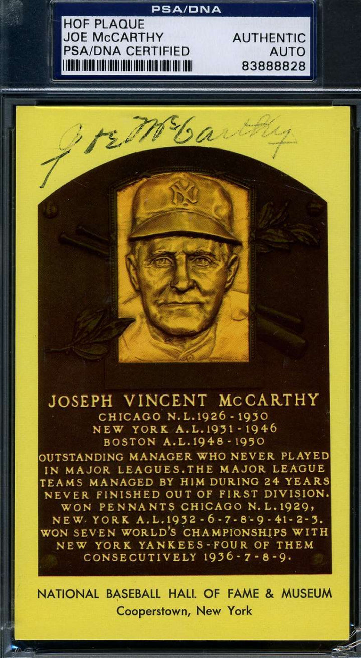 Joe Mccarthy Signed Psa/dna Cert Gold Hof Plaque Authentic Autograph