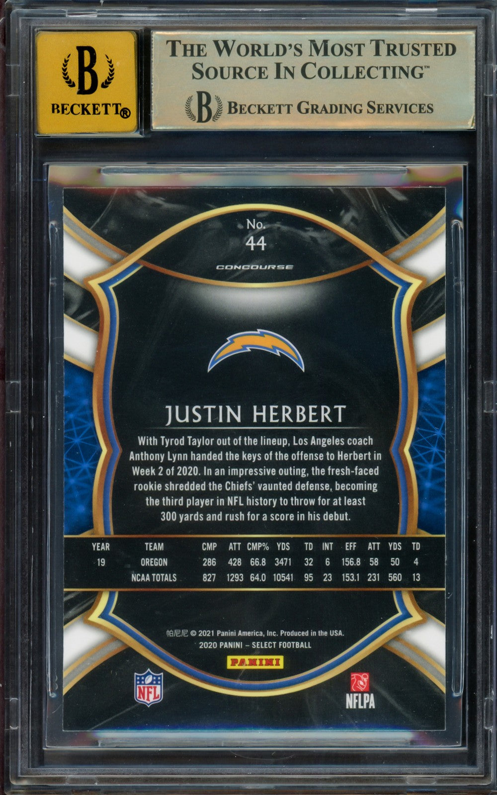 Justin Herbert Signed 2020 Select RC 44 Chargers BGS 9.5 Auto GM 10 Beckett