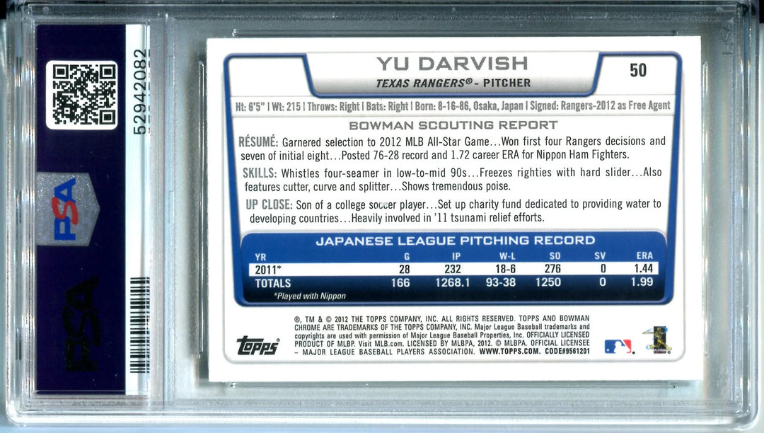 Yu Darvish 2012 Bowman Chrome Rookie Card (PSA Mint 9) #50
