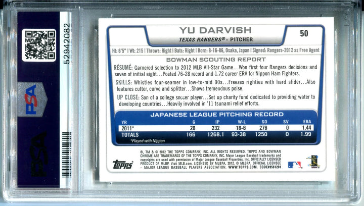 Yu Darvish 2012 Bowman Chrome Rookie Card (PSA Mint 9) #50