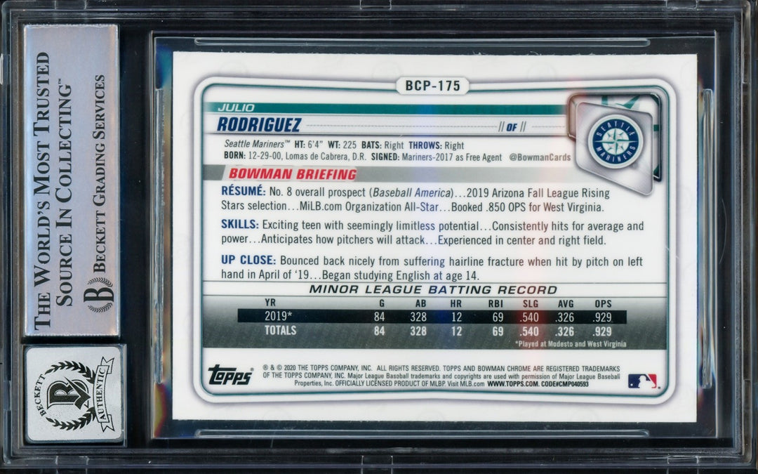 Julio Rodriguez Auto 2020 Bowman Chrome Mega Refractor RC BCP175 Sig 10 Beckett