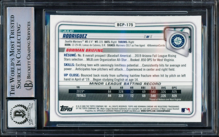 Julio Rodriguez Auto 2020 Bowman Chrome Mega Refractor RC BCP175 Sig 10 Beckett