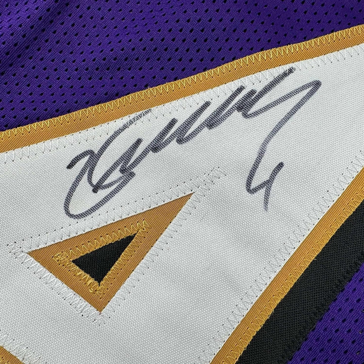 Framed Autographed/Signed Zay Flowers 33x42 Baltimore Purple Jersey JSA COA