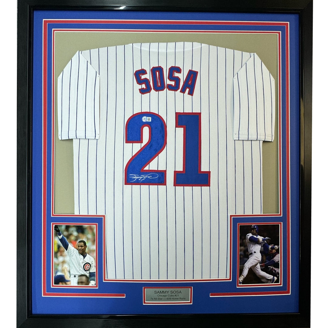 Framed Autographed/Signed Sammy Sosa 33x42 Chicago Pinstripe Jersey BAS COA