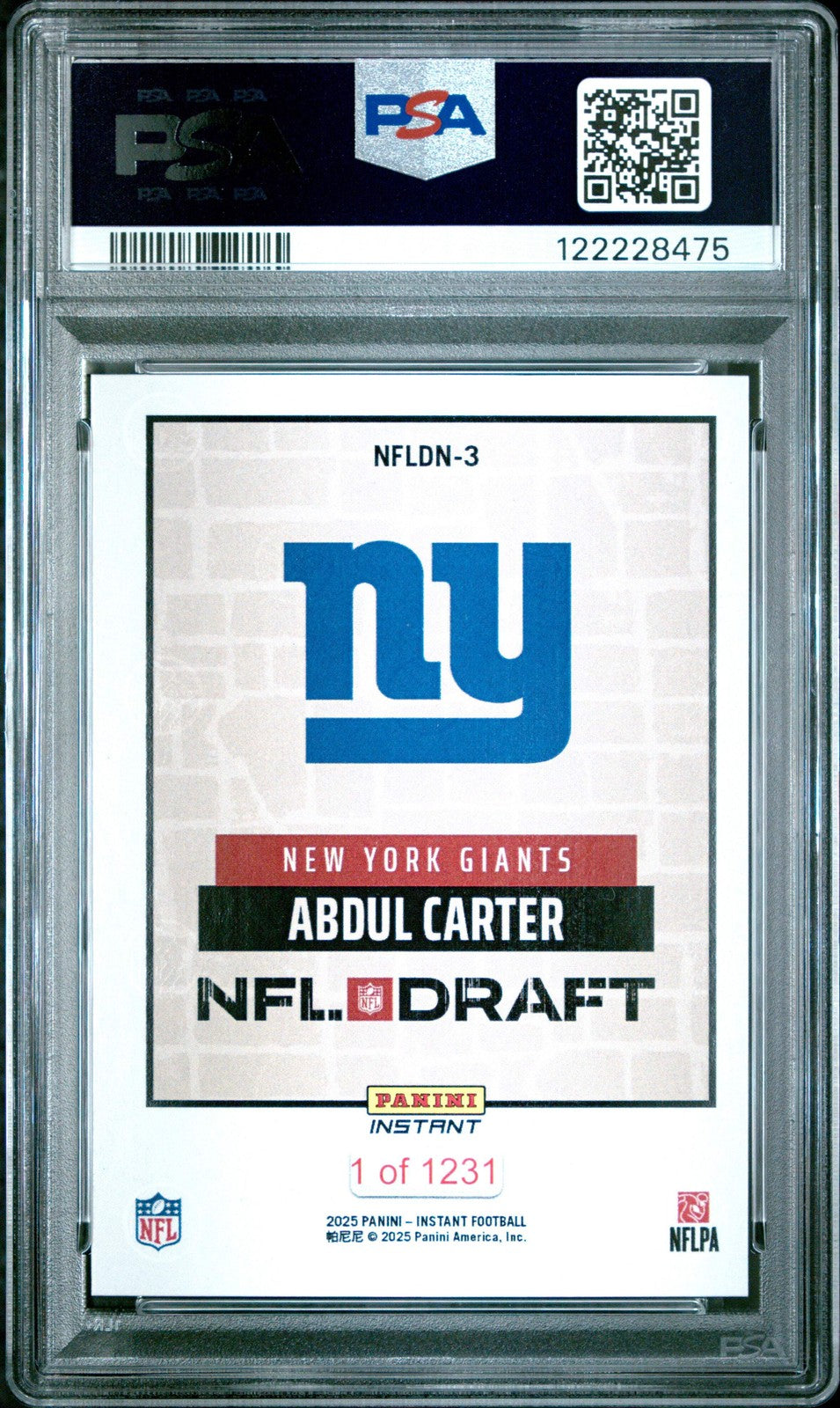 Graded 2025 Panini Abdul Carter #NFLDN3 NFL Draft Night RC Football Card PSA 10