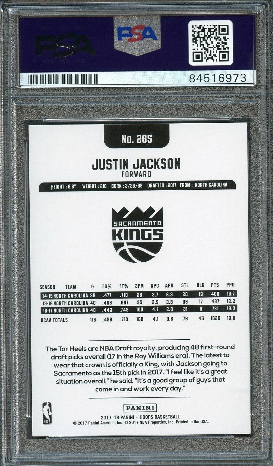 2017-18 NBA Hoops #265 JUSTIN JACKSON Signed Card AUTO 10 PSA Slabbed RC Kings