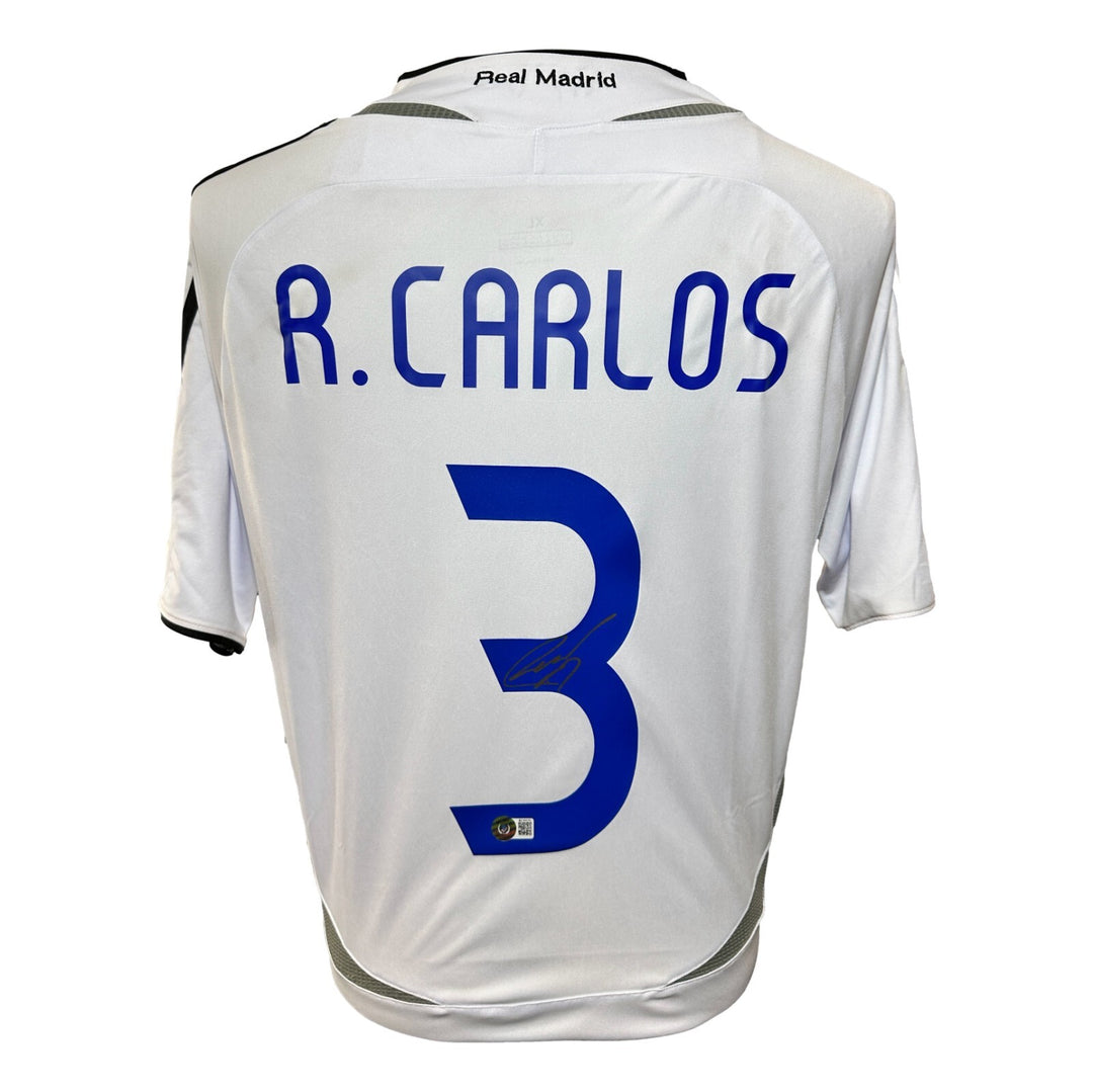 Roberto Carlos Autographed Real Madrid White Soccer Jersey BAS COA Signed