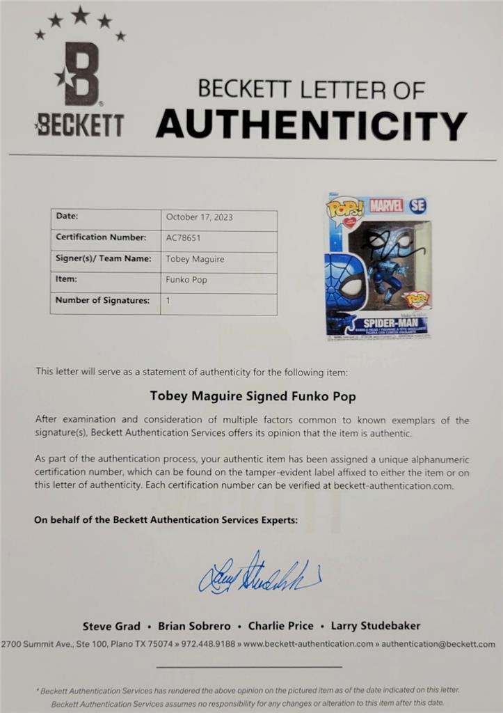 Tobey Maguire signed Spider-Man Make-a-Wish Funko Pop autograph (B) Beckett BAS