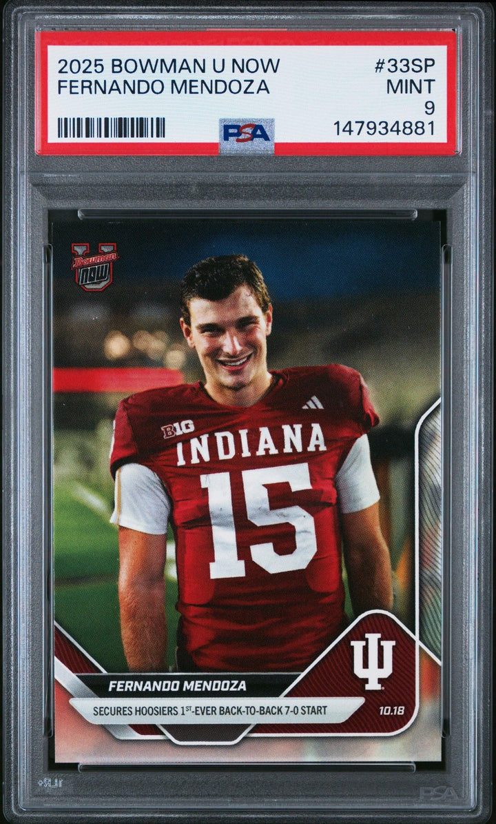 Graded 2025 Bowman U Now Fernando Mendoza #33SP Rookie RC Football Card PSA 9