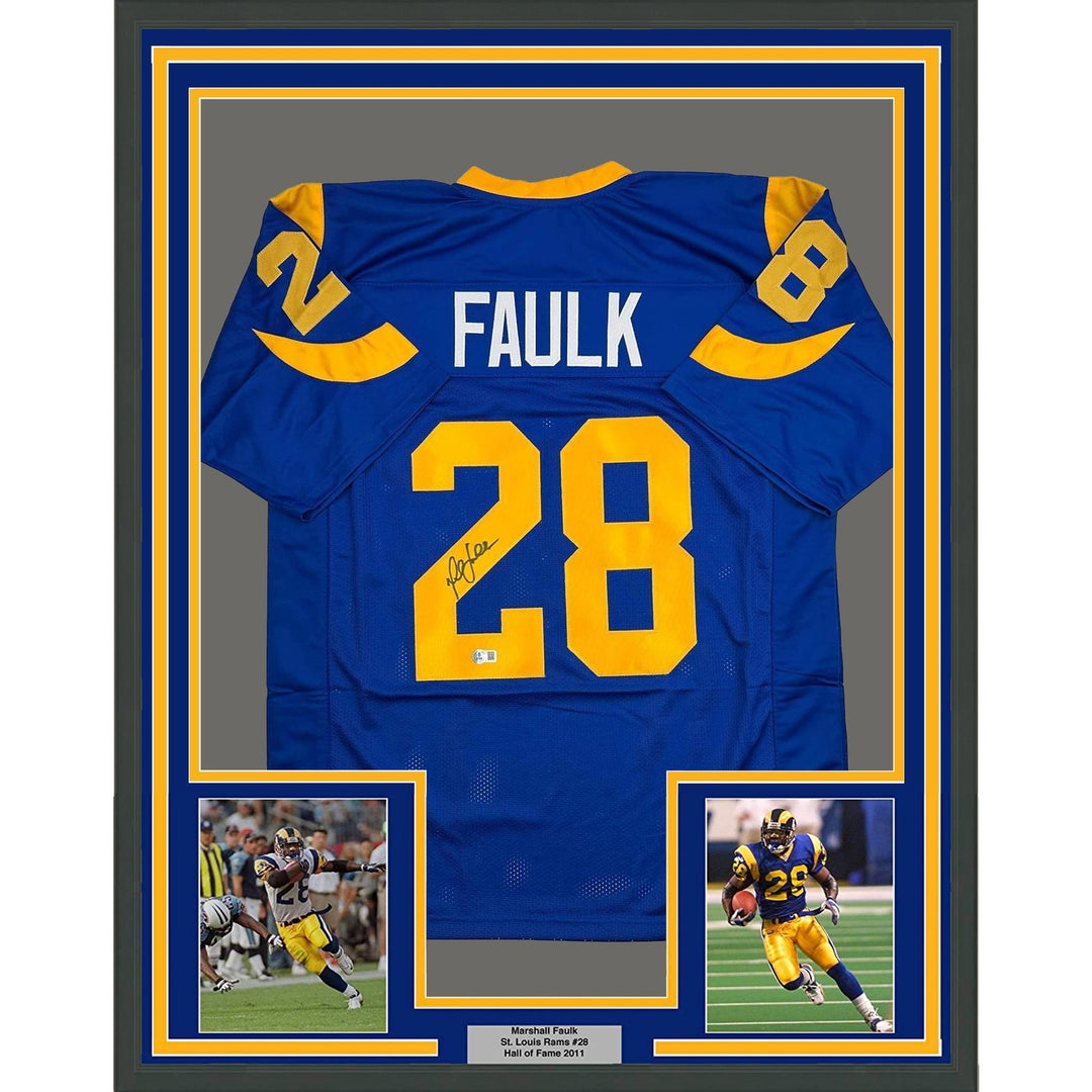 Framed Signed Marshall Faulk 35x39 St. Louis Blue Jersey Beckett COA