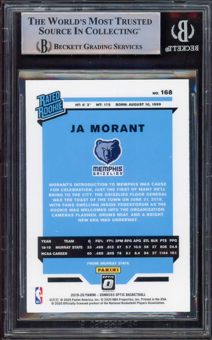 Ja Morant Signed 2019-20 Donruss Optic RC 168 Grizzlies Beckett #15248866
