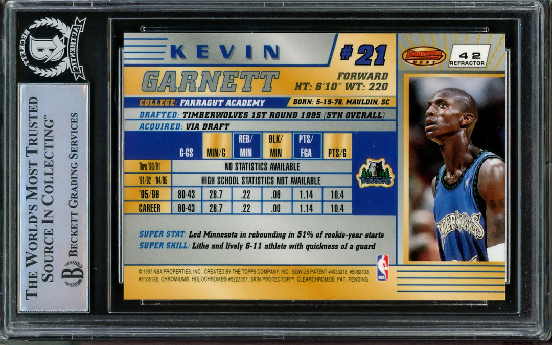 Kevin Garnett Auto 1996-97 Bowman's Best Refractor Card 42 Timberwolves Beckett
