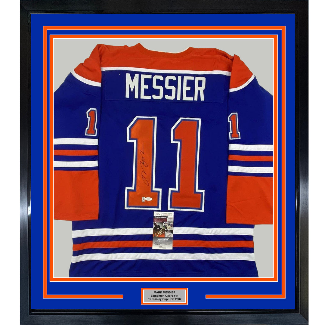 FRAMED Autographed/Signed MARK MESSIER 33x42 Edmonton Blue Hockey Jersey JSA COA