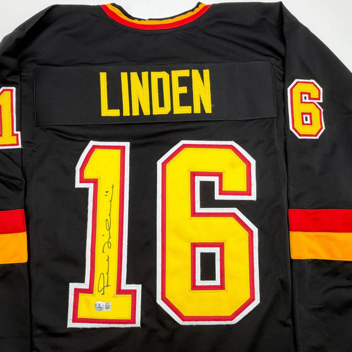 Autographed/Signed Trevor Linden Vancouver Black Hockey Jersey Beckett COA