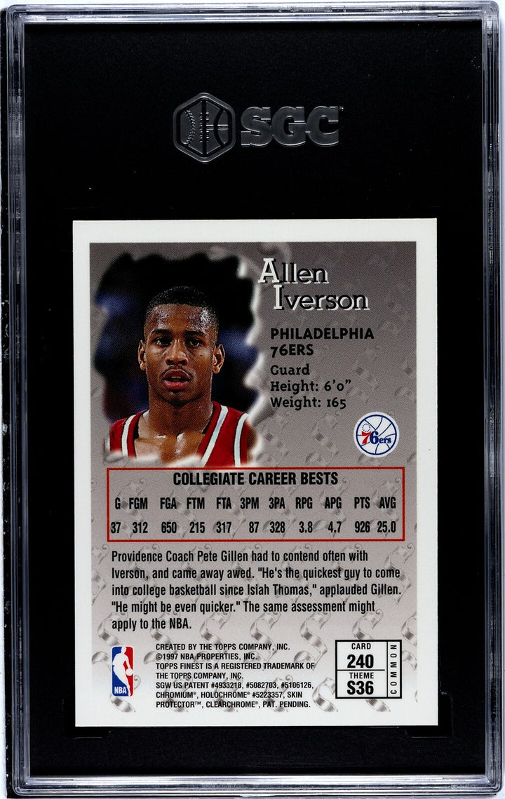 Allen Iverson 1996-97 Topps Finest Bronze Rookie Card #240- SGC Graded 8 NM-MT