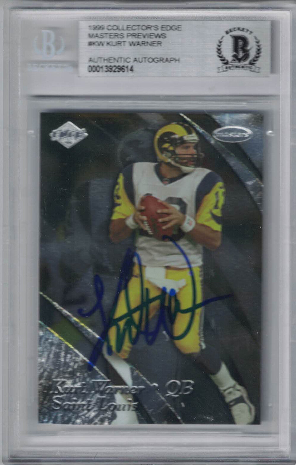 Kurt Warner Autographed 1999 Edge Preview KW Trading Card Beckett Slab 36343