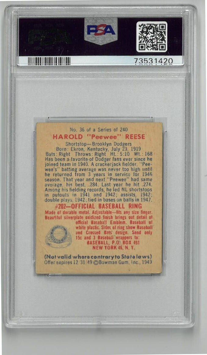 Pee Wee Reese 1949 Bowman Baseball Card #36 Brooklyn Dodgers-  PSA Graded 1.5 FR
