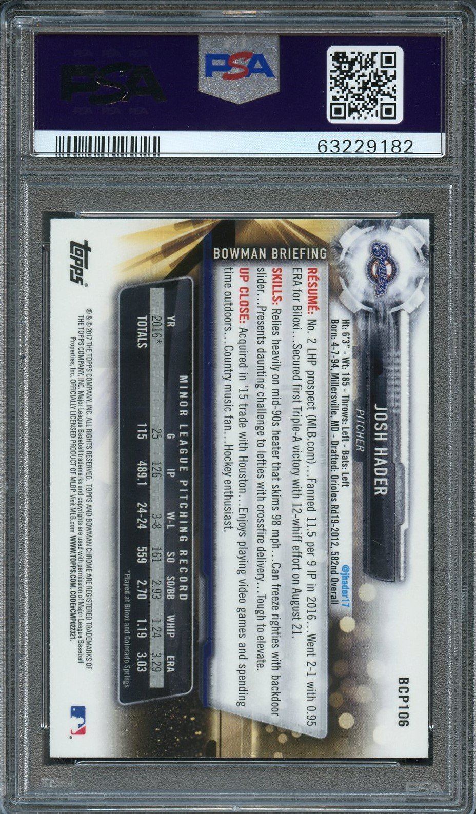 2017 BOWMAN CHROME #BCP106 Josh Hader Signed Card PSA Slabbed Auto Brewers
