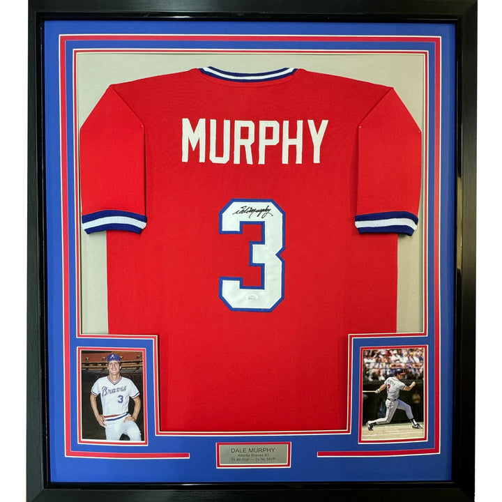FRAMED Autographed/Signed DALE MURPHY 33x42 Atlanta Red Jersey JSA COA