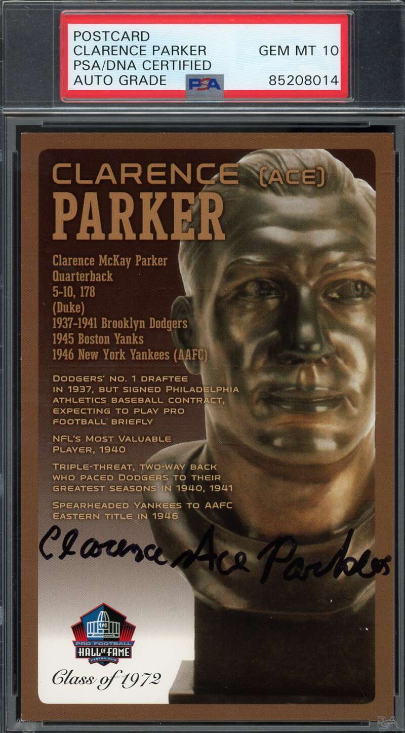 Clarence Ace Parker Gem Mint 10 PSA DNA Signed Hall of Fame Bronze Bust Postcard