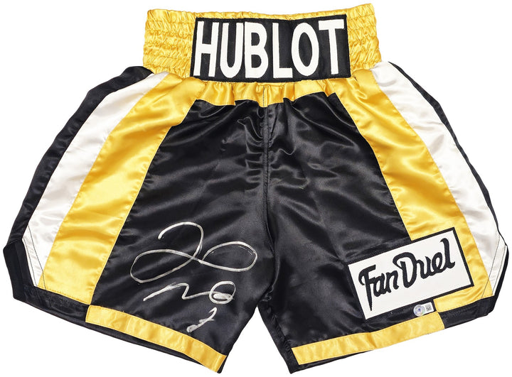Floyd Mayweather Jr. Signed Black & Gold Boxing Trunks Beckett BAS Witness