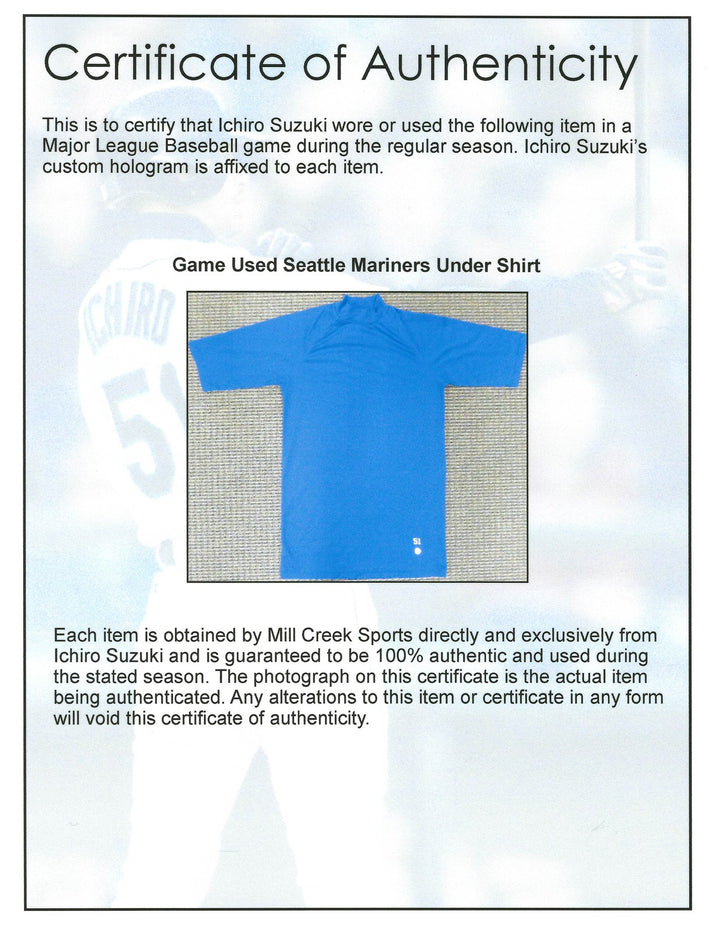 Unsigned Ichiro Suzuki Mariners Blue Short Sleeve Game Used Under Shirt IS Holo
