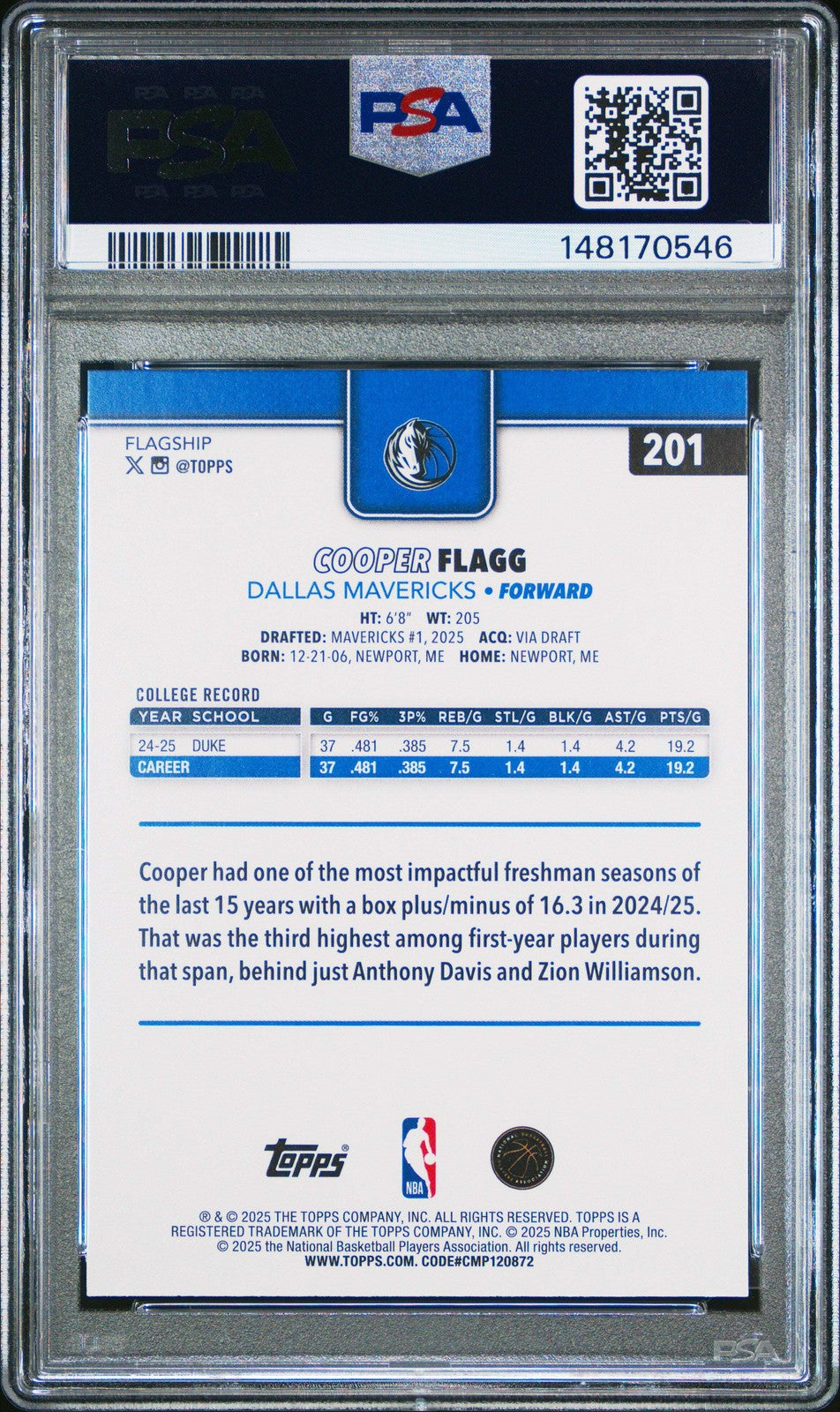 Graded 2025 Topps Cooper Flagg #201 Rookie RC Basketball Card PSA 10 Gem Mint