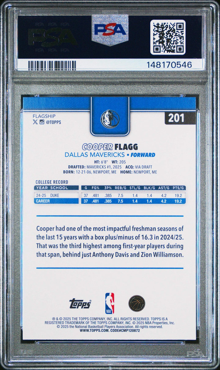 Graded 2025 Topps Cooper Flagg #201 Rookie RC Basketball Card PSA 10 Gem Mint