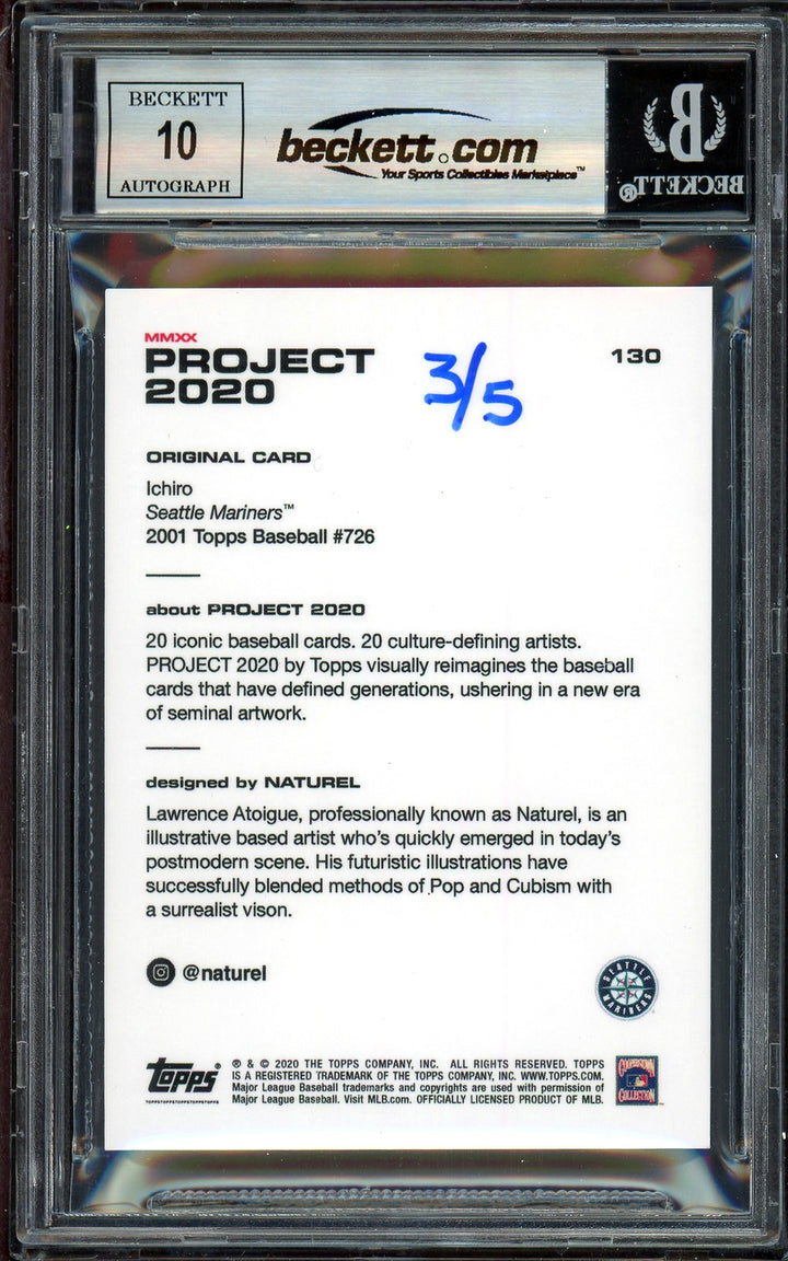 Ichiro Suzuki Auto Topps Project 2020 Naturel Card 130 Sig 10 Black #3/5 Beckett