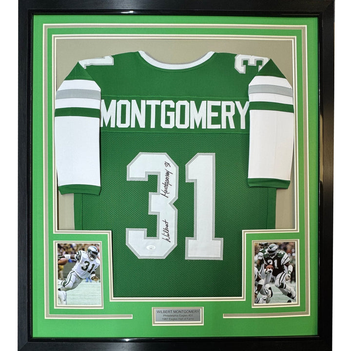 Framed Signed Wilbert Montgomery 35x39 Philly Green Jersey JSA COA