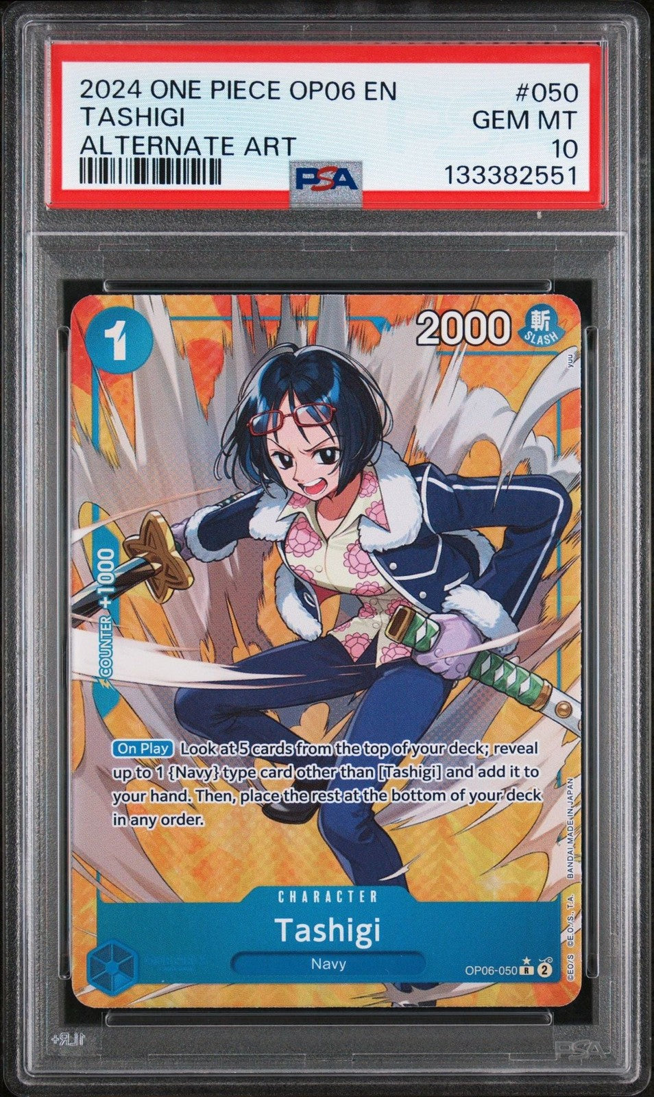 Graded 2024 One Piece Tashigi 050 OP06 Alt Art Trading Card PSA 10 Gem Mint