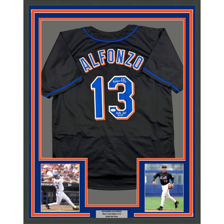 Framed Autographed/Signed Edgardo Alfonzo 35x39 New York Black Jersey JSA COA