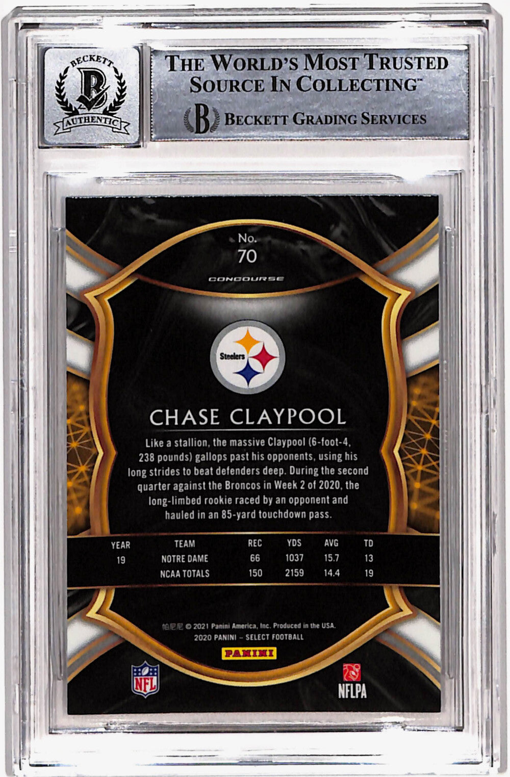 Chase Claypool Signed 2020 Panini Select #70 Rookie Card Beckett Slab 40743