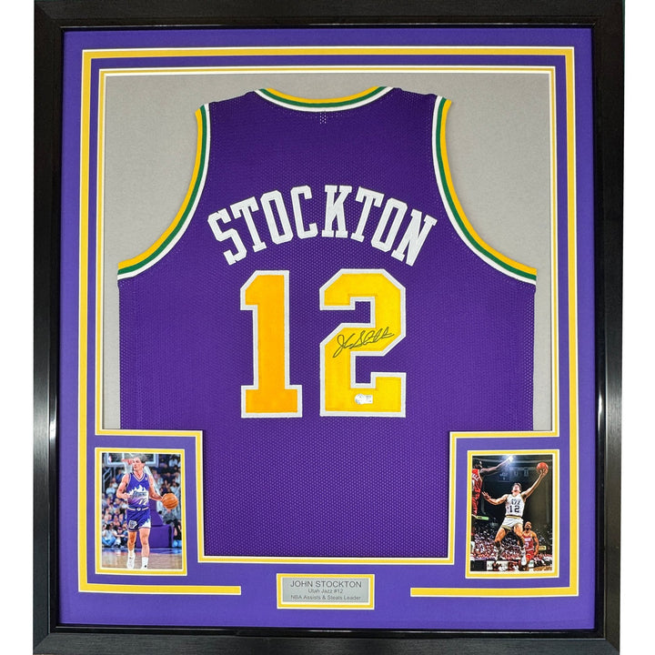 Framed Autographed/Signed John Stockton 35x39 Utah Purple Jersey BAS COA