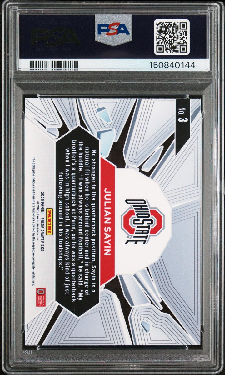 Graded 2025 Prizm DP Julian Sayin #3 Prizm Break RC Football Card PSA 10