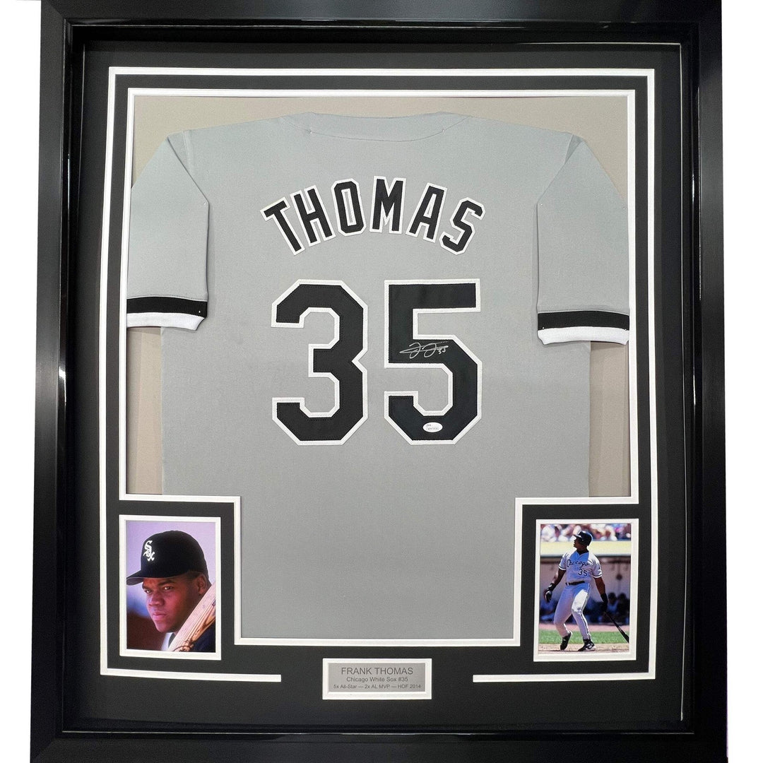 FRAMED Autographed/Signed FRANK THOMAS 33x42 Chicago Grey Jersey JSA COA Auto