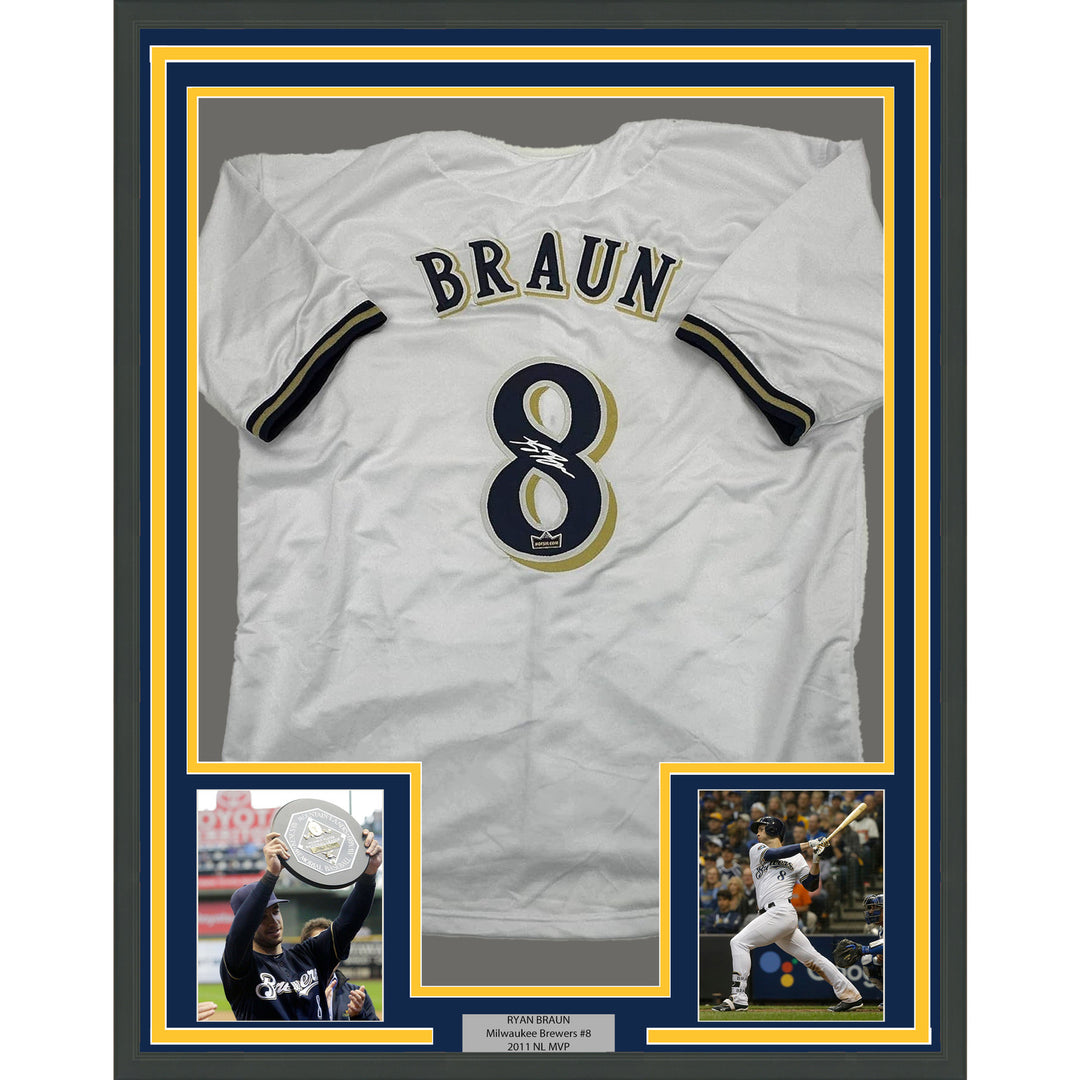 Framed Facsimile Autographed Ryan Braun 35x39 Milwaukee White Reprint Jersey