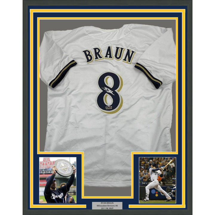 Framed Facsimile Autographed Ryan Braun 35x39 Milwaukee White Reprint Jersey