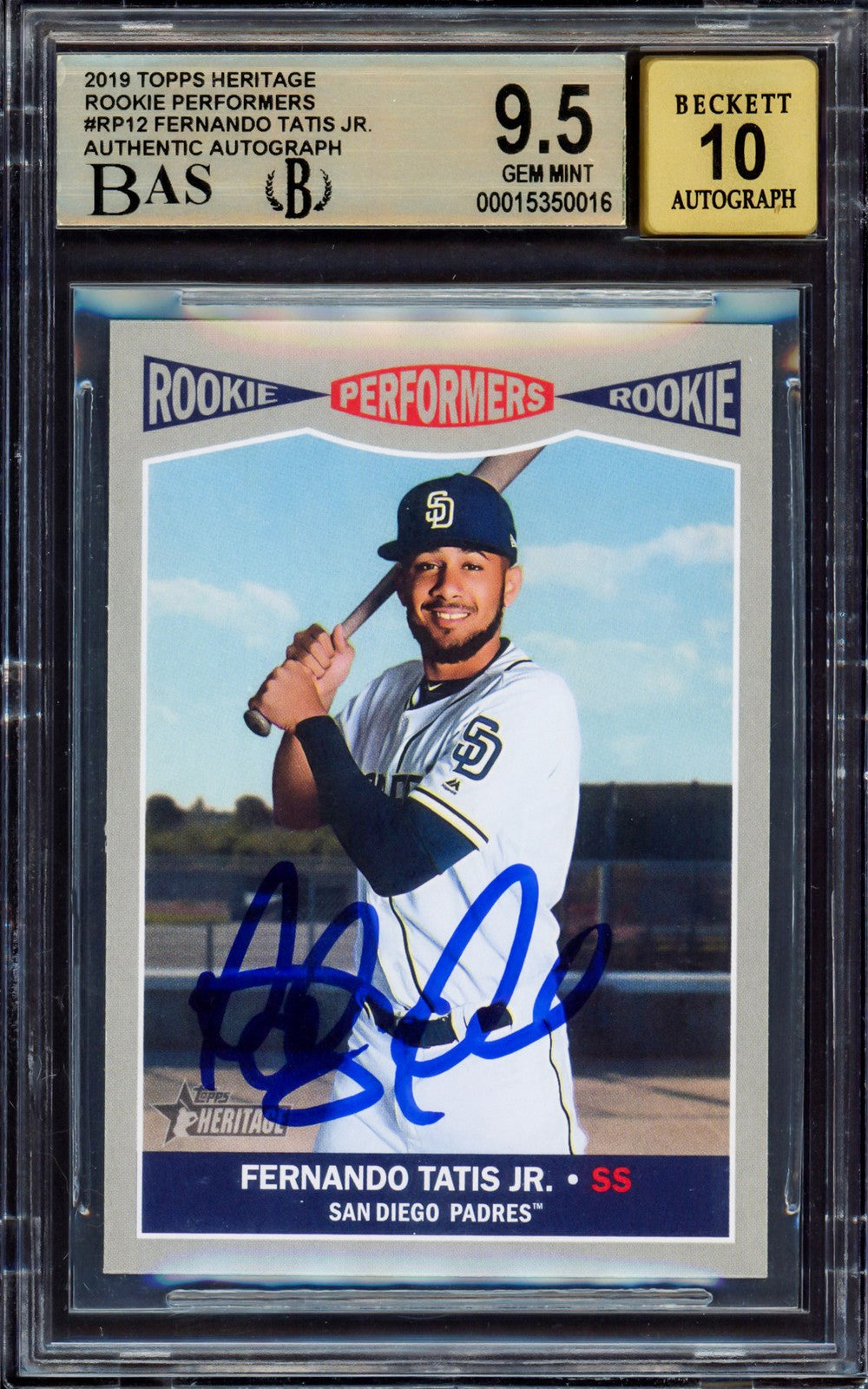 Fernando Tatis Jr Signed 2019 Topps Heritage Performers RC RP-12 BGS 9.5 Sig 10