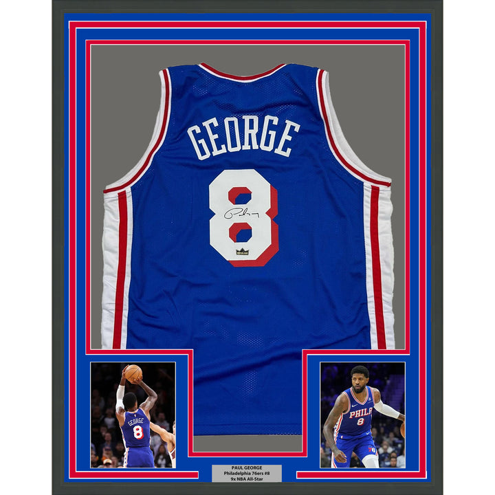 Framed Facsimile Autographed Paul George 35x39 Blue Reprint Laser Auto Jersey