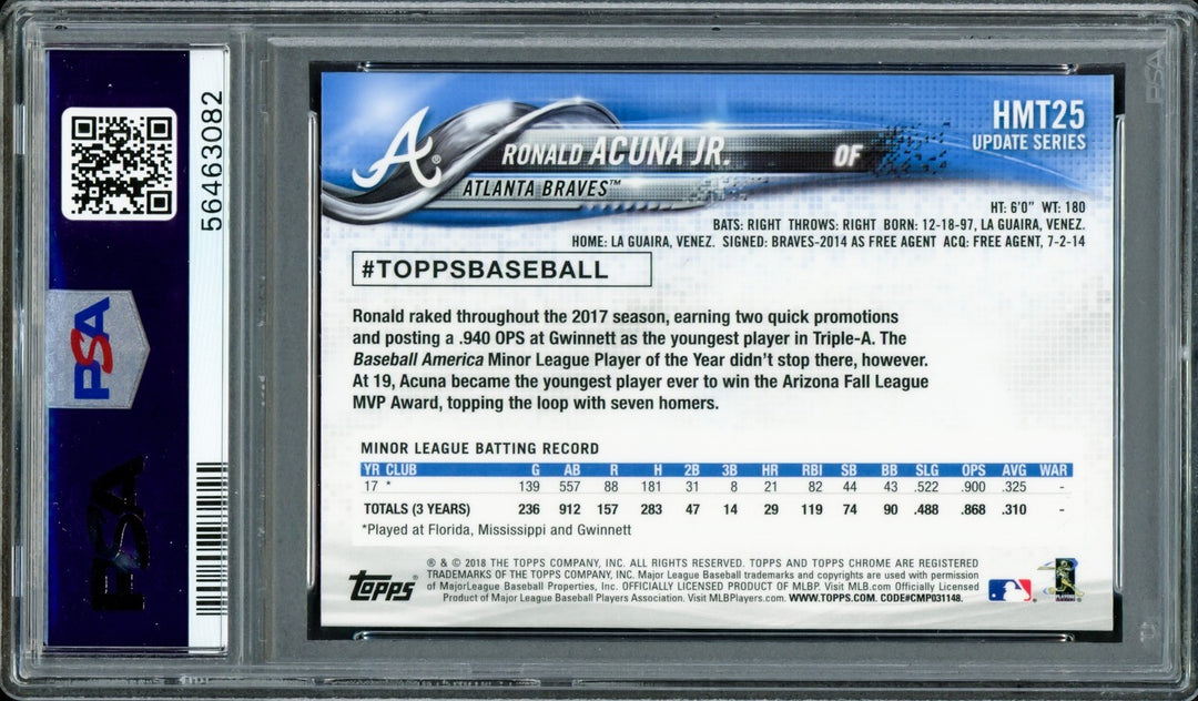 Ronald Acuna Jr. Signed 2018 Topps Chrome Update RC #HMT25 Braves PSA 10
