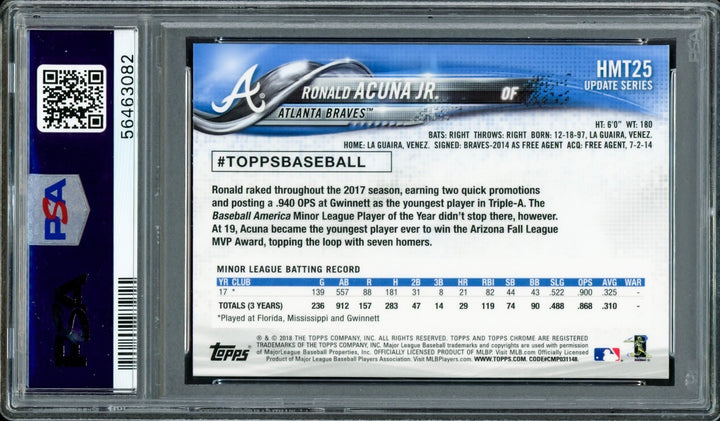 Ronald Acuna Jr. Signed 2018 Topps Chrome Update RC #HMT25 Braves PSA 10