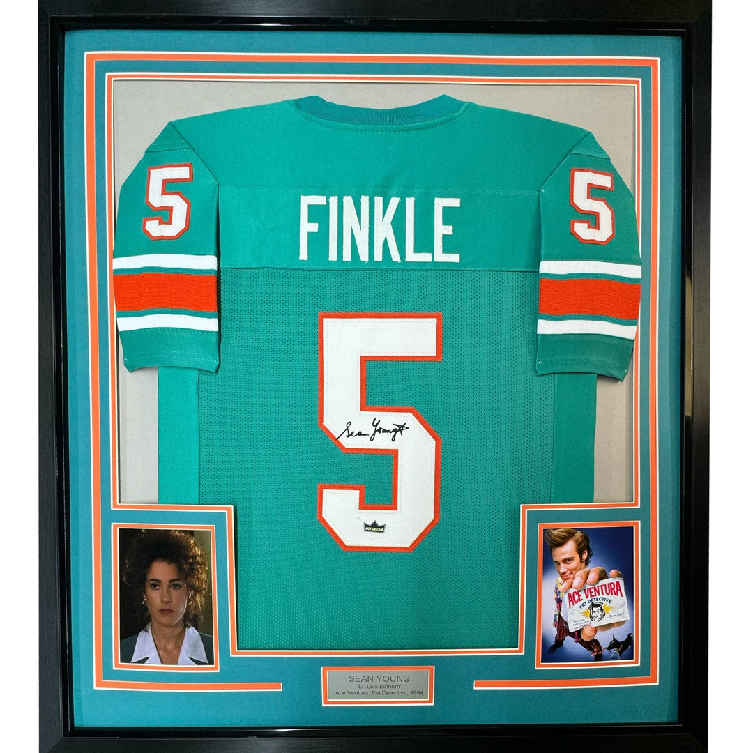 Framed Facsimile Autographed Sean Young Ray Finkle 35x39 Teal Jersey