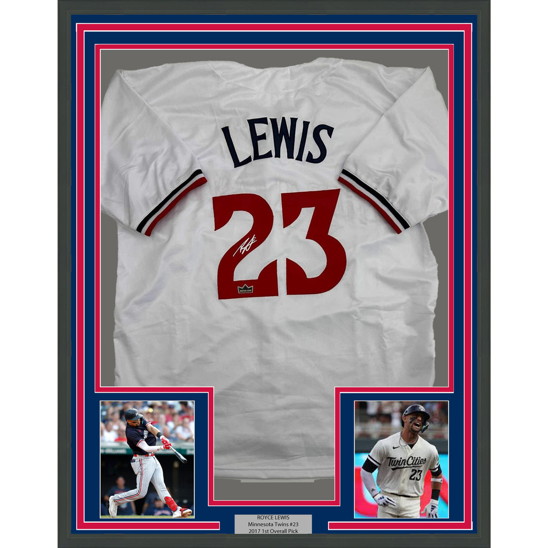 Framed Facsimile Autographed Royce Lewis 35x39 Minnesota White Reprint Jersey