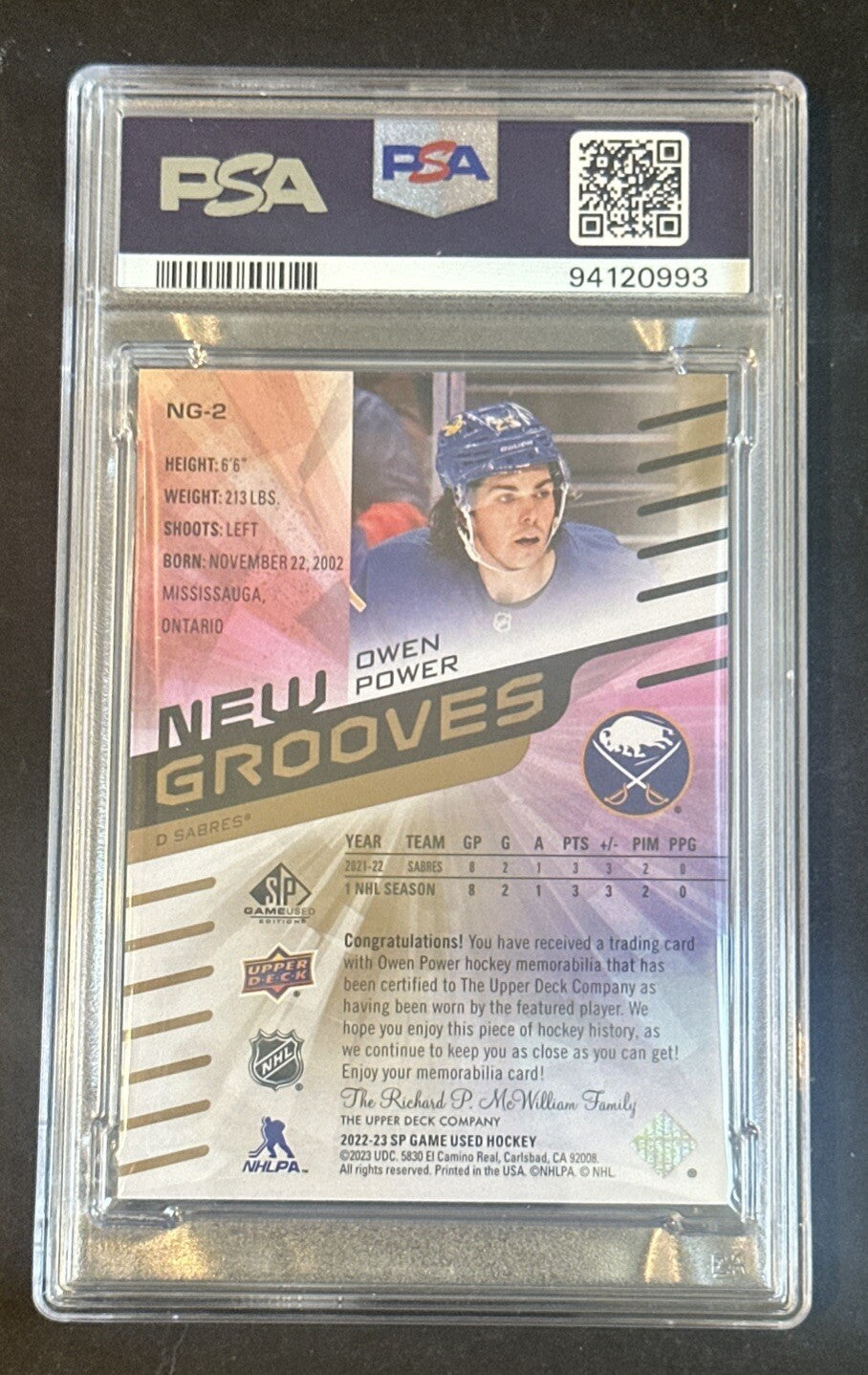 2022-23 SP Game Used Owen Power New Grooves Rc Premium Patch 5/5 Psa 9 MT Pop 1