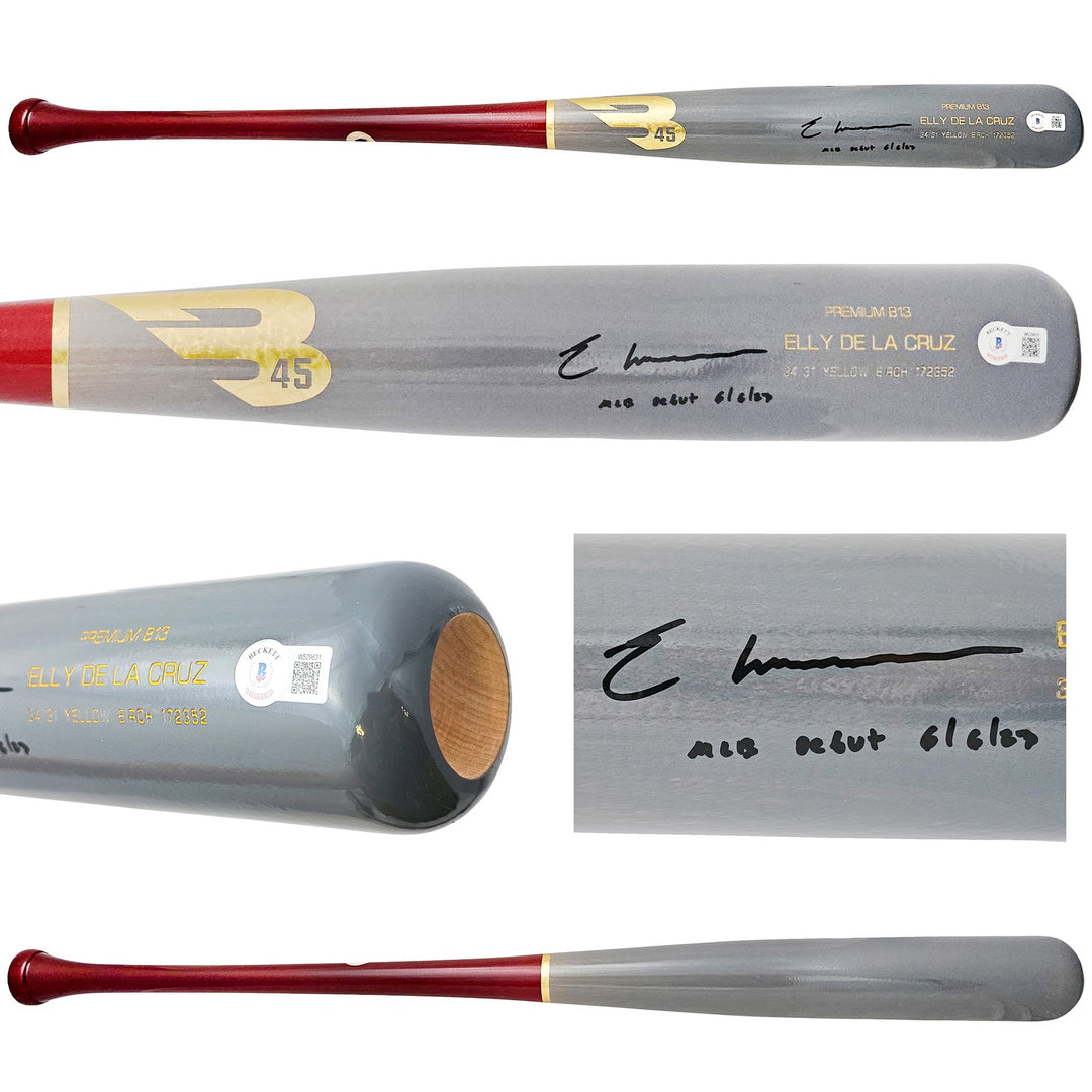 Elly De La Cruz Auto Gray B45 Player Model Bat Reds MLB Debut 6/6/23 Beckett Wit