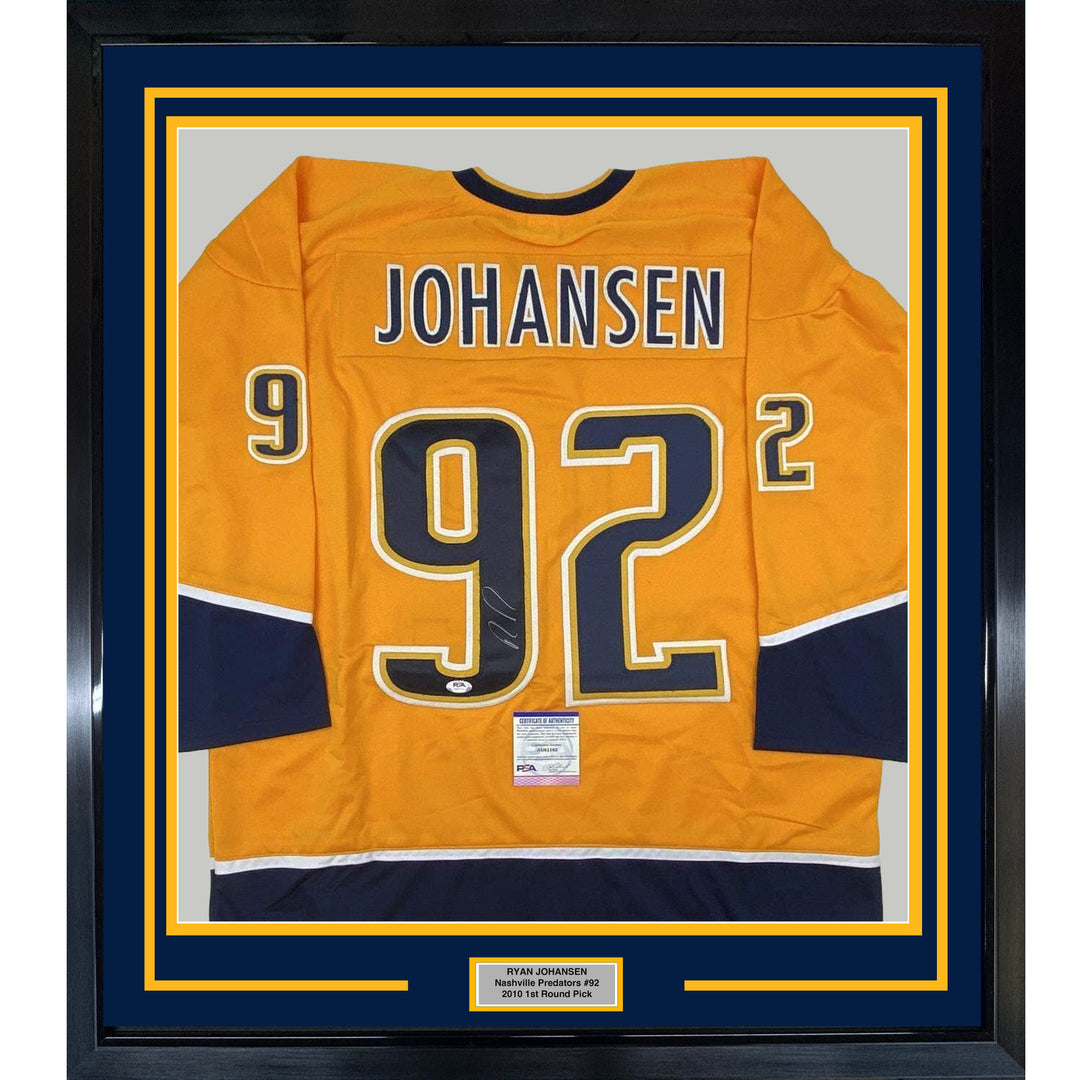 FRAMED Autographed/Signed RYAN JOHANSEN 33x42 Nashville Yellow Jersey PSA COA